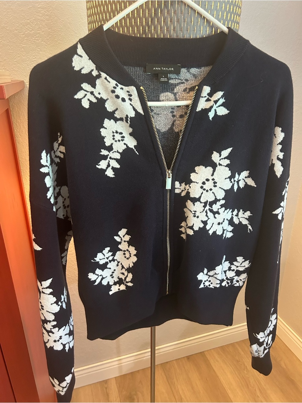 Ann Taylor Navy and White Floral Zip Cardigan